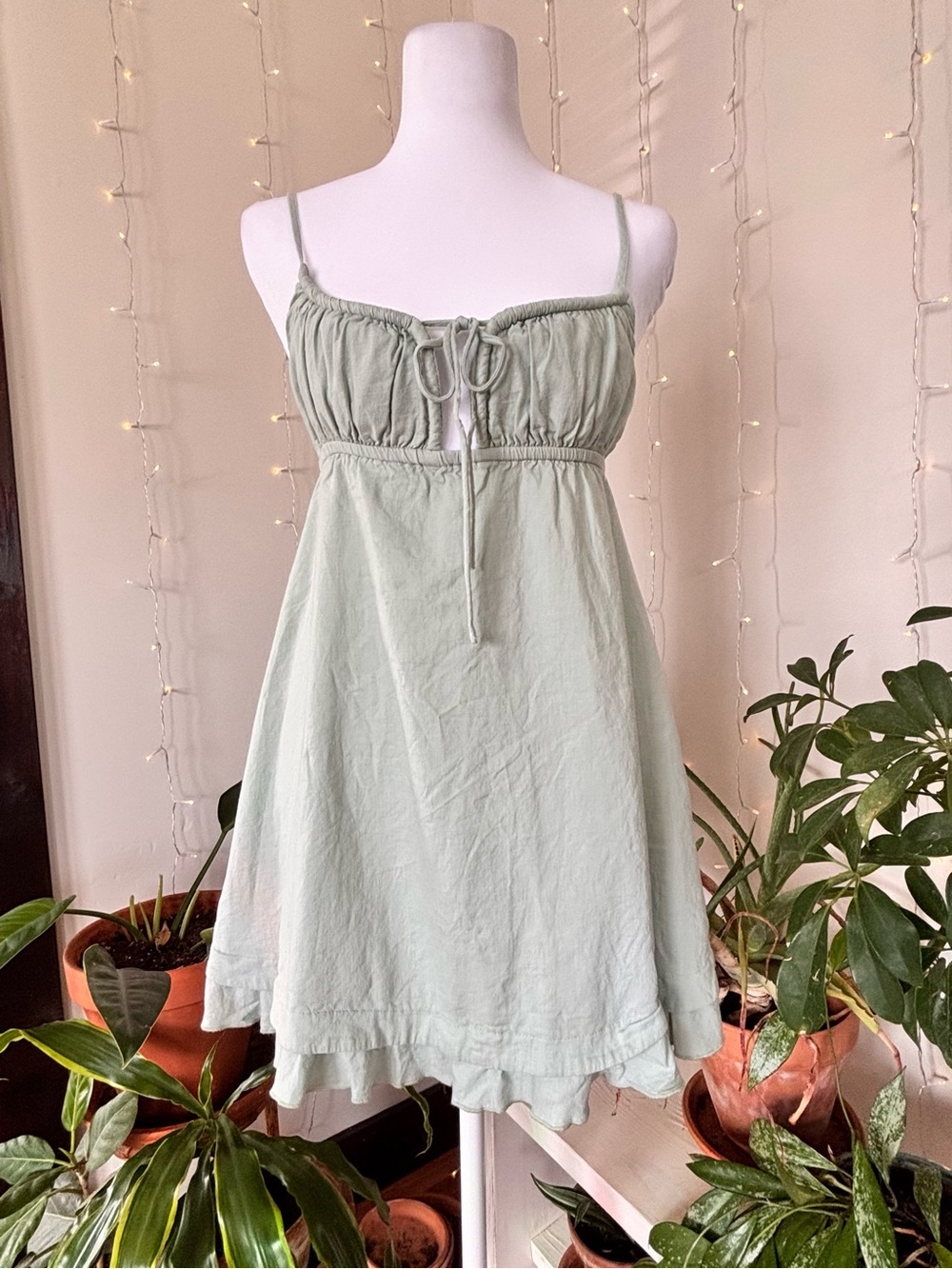 Princess Polly Sage Green Linen Blend Babydoll Micro Mini Dress Tie Front - Picture 6 of 11